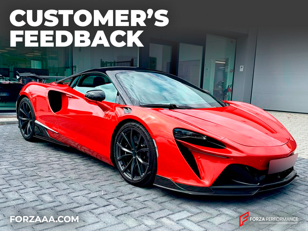 DRY CARBON BODY KIT for MCLAREN ARTURA Set includes: Front Lip Side Skirts Rear Side Splitters Rear GT Wing Spoiler Rear Bumper Air Inlet Inserts Rear Diffuser Material: Dry Carbon