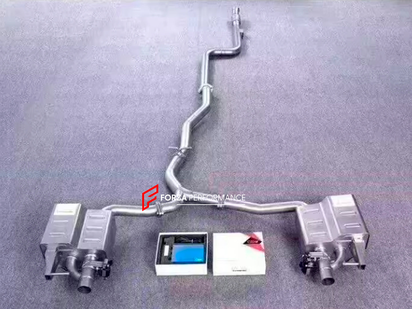 VALVED EXHAUST CATBACK MUFFLER for MERCEDES-BENZ E-CLASS W213 E200 E300 2.0T 2020+  Set includes:  Center pipe Muffles with valves Valve control box with remote control (you may also reuse your factory exhaust valve motors)