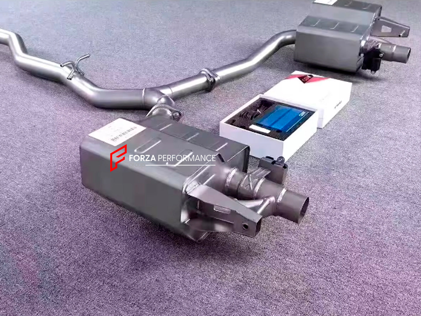 VALVED EXHAUST CATBACK MUFFLER for MERCEDES-BENZ E-CLASS W213 E200 E300 2.0T 2020+  Set includes:  Center pipe Muffles with valves Valve control box with remote control (you may also reuse your factory exhaust valve motors)