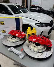 In the photos above you can see an installed Forza Performance Group set of large front brakes for the BMW 3 SERIES G20 325i LCI 2022 with 380x36mm brake discs by 19-inch brake rotors.  Current set includes:  2x Brake calipers AP9562 2x Brake discs 380x36mm 2x Brake caliper adapters 4x Brake Pads  2x Brake hoses and installation kits with nipples