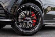 In the photos above you can see an installed Forza Performance Group set of large front brakes for the MERCEDES-BENZ GLE 53 AMG X167 FACELIFT 2023 with 410x36mm / 380x28mm brake discs by 22-inch brake rotors.  Current set includes:  2x Front Brake calipers AP9570 2x Rear Brake calipers AP9582 2x Front Brake discs 410x36mm 2x Rear Brake discs 380x28mm 4x Brake caliper adapters 4x Brake Pads  4x Brake hoses and installation kits with nipples