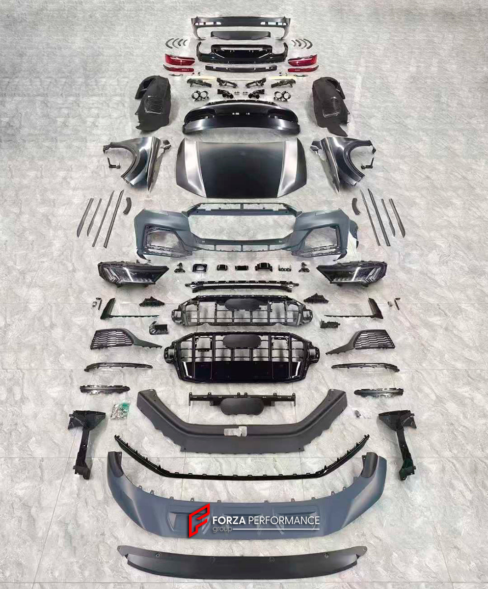 CONVERSION BODY KIT for AUDI Q7 4L FACELIFT 2009 - 2015 upgrade to Q7 4M FACELIFT 2019 - 2024
Set includes:
Front Bumper Assembly
Front Lip
Front Grille
Headlights
Hood/Bonnet
Fender Flares
Roof Spoiler
Trunk
Tail Lights
Rear Bumper
Rear Bumper Assembly
Rear Diffuser
Exhaust Tips
Material: Plastic, Stainless Steel 
NOTE: Professional installation is required.