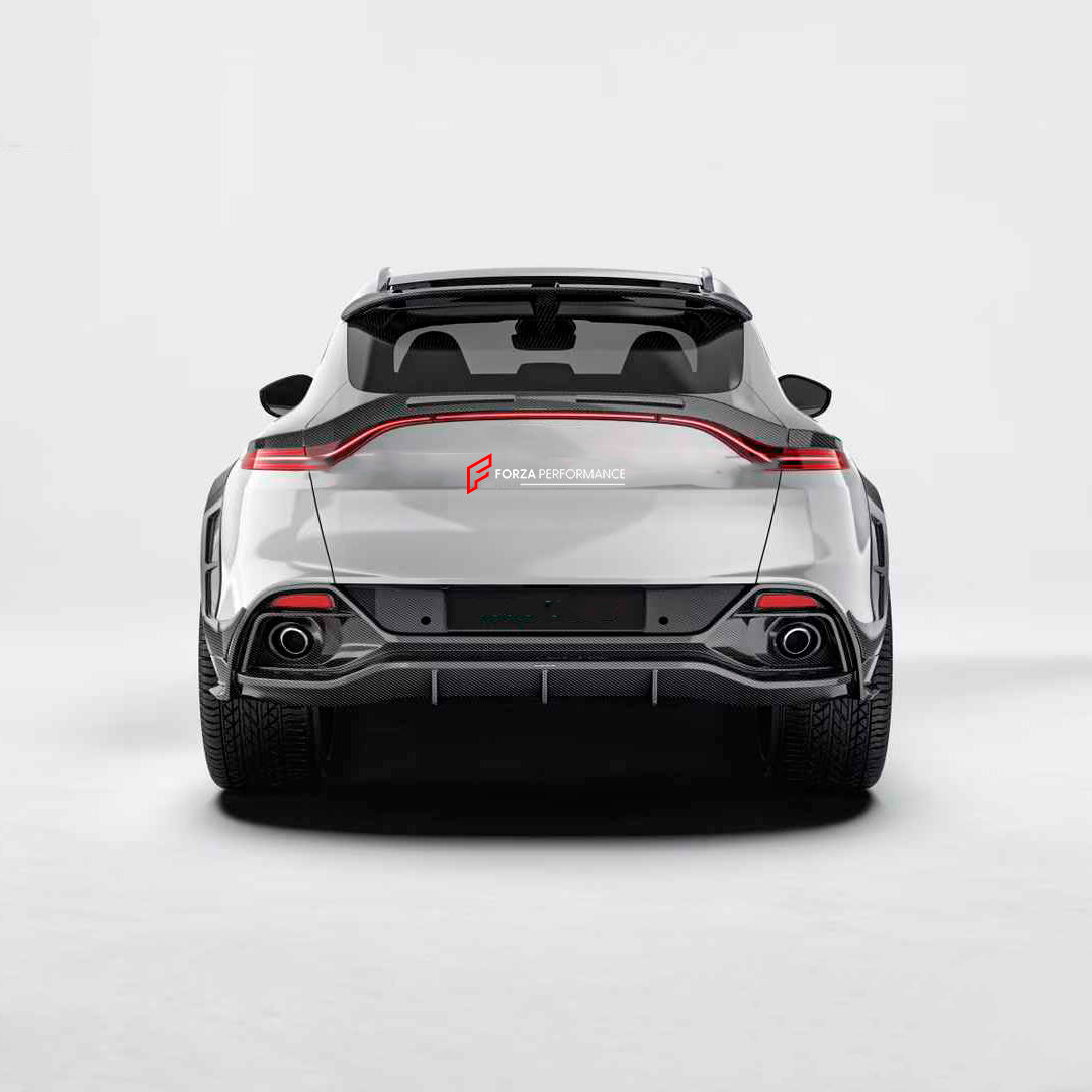 DRY CARBON BODY AERO KIT for ASTON MARTIN DBX
Set includes:
Front Lip
Hood Air Vents
Side Fenders
Fender Flares
Side Skirts
Roof Spoiler
Rear Bumper
Rear Spoiler
Rear Diffuser
Material: Dry Carbon
Note: Professional installation is required