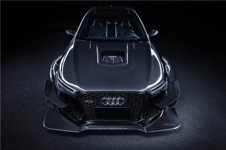 AUTHENTIC DARWINPRO DTM STYLE CARBON WIDE BODY KIT for AUDI RS6 C7 AVANT 2014 - 2018  Set includes:  Hood Front lip Front canards Fender flares Side skirts Side canards Bumper spoiler Rear bumper canards Door canards Rear fender canards Rear diffuser canards Roof spoiler Trunk spoiler Material: Carbon fiber / Forged Carbon / Fiberglass + Carbon / Autoclave carbon fiber / Double sided carbon fiber  NOTE: Professional installation is required  Contact us for pricing