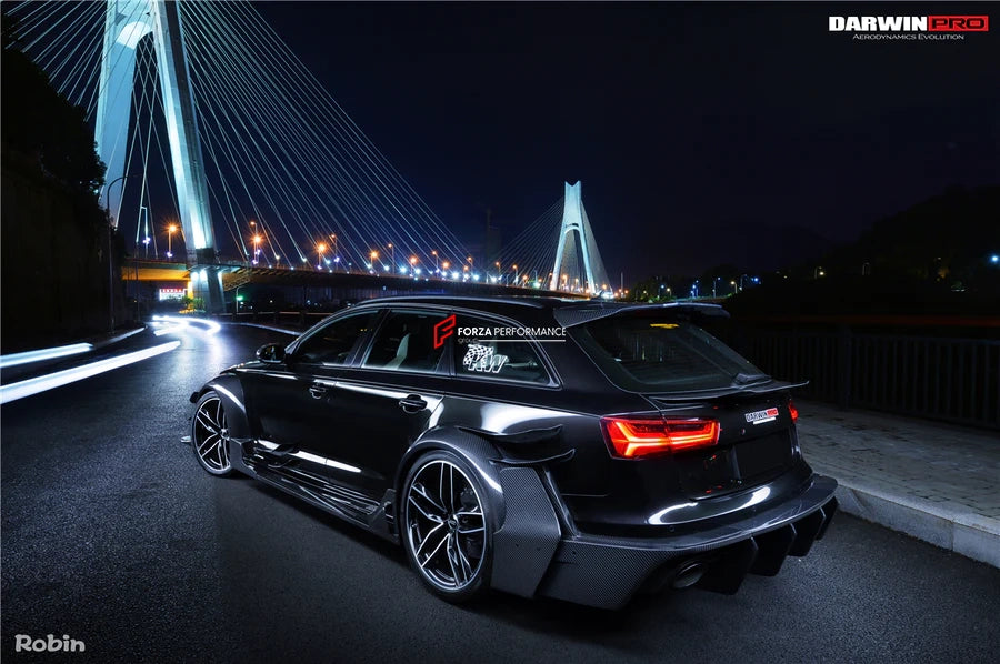 AUTHENTIC DARWINPRO DTM STYLE CARBON WIDE BODY KIT for AUDI RS6 C7 AVANT 2014 - 2018  Set includes:  Hood Front lip Front canards Fender flares Side skirts Side canards Bumper spoiler Rear bumper canards Door canards Rear fender canards Rear diffuser canards Roof spoiler Trunk spoiler Material: Carbon fiber / Forged Carbon / Fiberglass + Carbon / Autoclave carbon fiber / Double sided carbon fiber  NOTE: Professional installation is required  Contact us for pricing