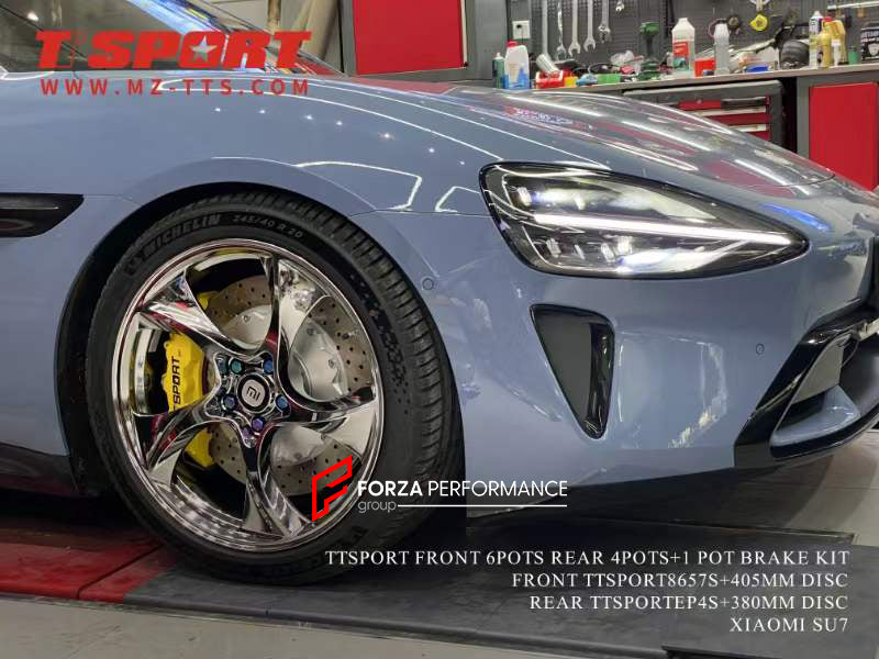 FORZA BIG BRAKE KIT for XIAOMI SU7  You can choose:  Different designs of the caliper  Front calipers 6-pots / Rear calipers 4-pots Brake disc optionally floating, electric rear brakes caliper Different colors  Different logos  What is included in the brake package:  - brake caliper   - brake rotors discs   - brake hoses   - brake pads   Production time: 5-7 working days