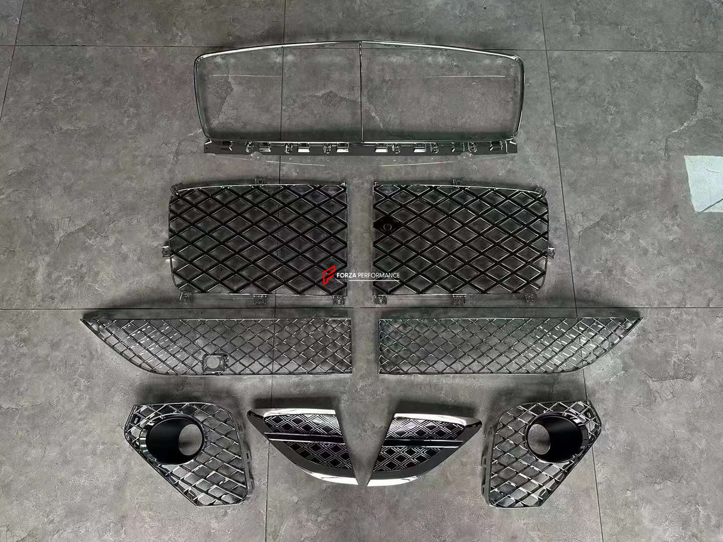 FRONT PARTS for BENTLEY CONTINENTAL GT 2017+    Set includes:  Front Bumper (3SD 807 437) Front Grille (3SD 853 597) Front Mesh (3SD 807 683/684) Front Mesh  (3SD 807 647A) Front Mesh (3SD 807 676/675A) Front Mesh (3SD 807 676/675)