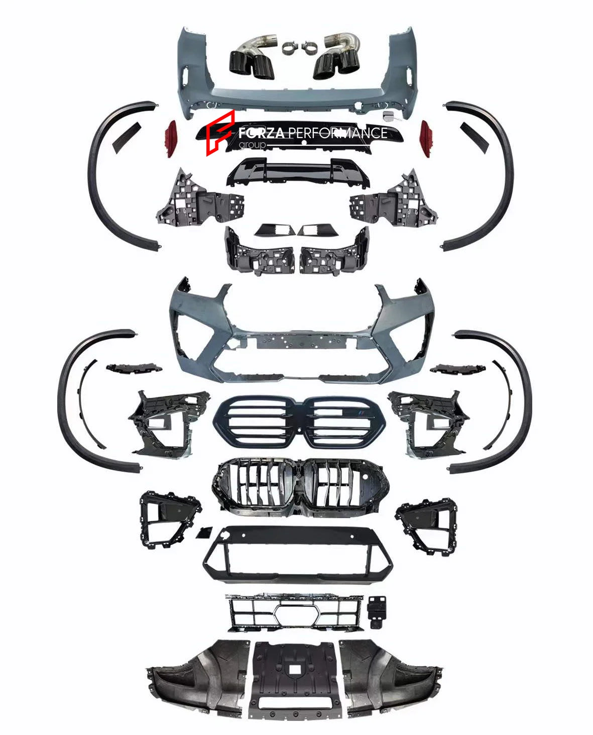 CONVERSION UPGRADE FACELIFT X5M BODY KIT FOR BMW X5 G05 2020+  Made in Taiwan  Set includes:  Front Bumper Assembly Fender Flares Side Skirts Rear Bumper Assembly Rear Diffuser Exhaust Tips
