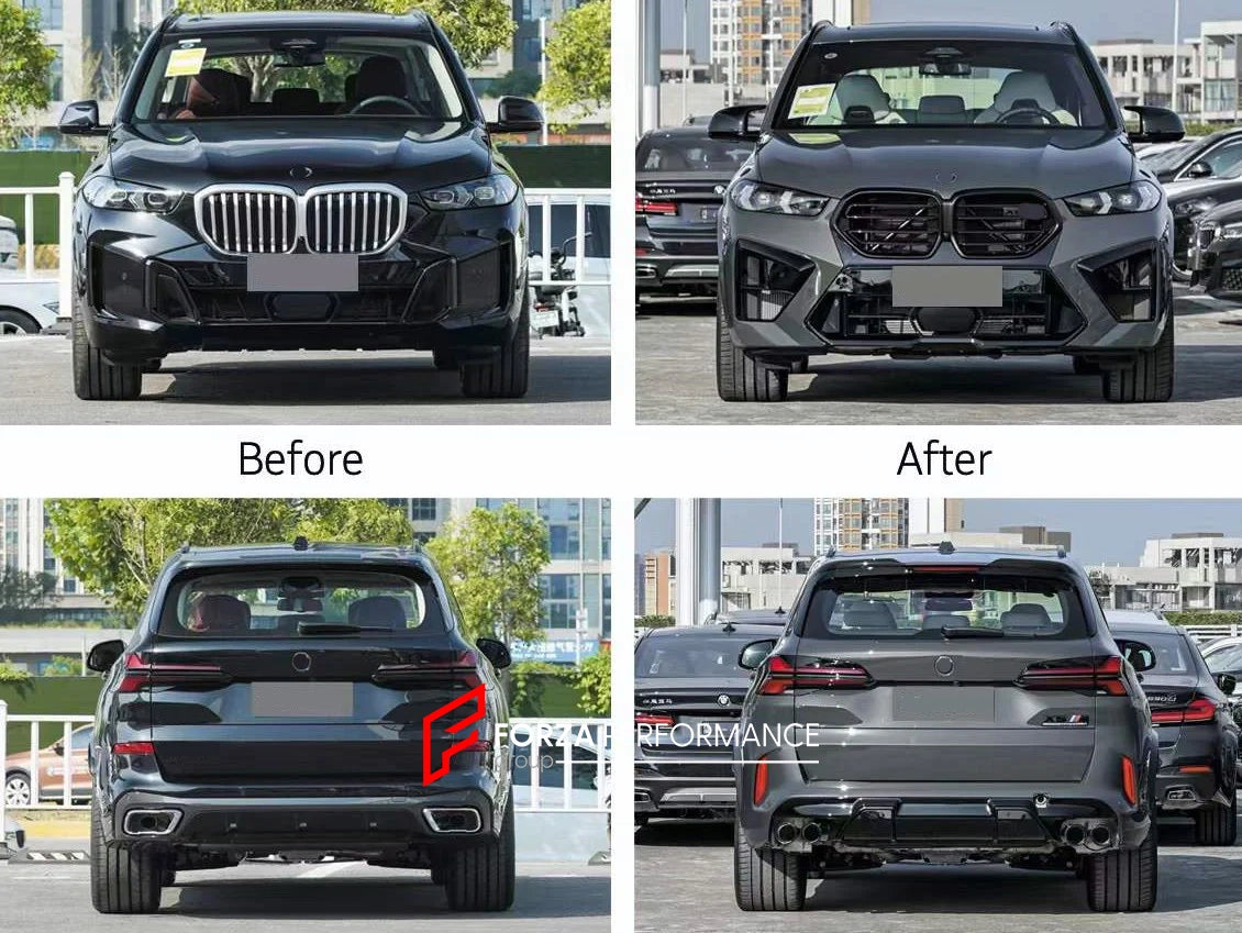 CONVERSION UPGRADE FACELIFT X5M BODY KIT FOR BMW X5 G05 2020+  Made in Taiwan  Set includes:  Front Bumper Assembly Fender Flares Side Skirts Rear Bumper Assembly Rear Diffuser Exhaust Tips