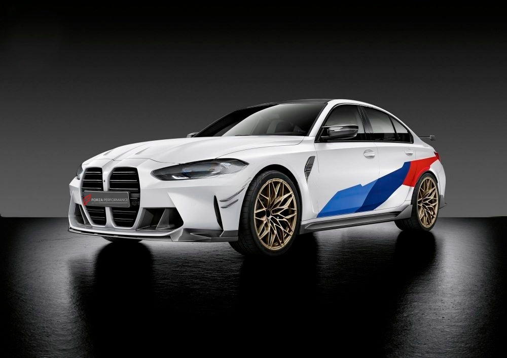 M PERFORMANCE STYLE CARBON BODY KIT for BMW M3 G80 | M4 G82 2020+  Set includes:  Front Lip Front Bumper Canards  Bumper Side Air Ducts  Rear Diffuser  Rear Bumper Spats  Side Skirts Rear Spoiler Rear Diffuser For Middle Exhaust