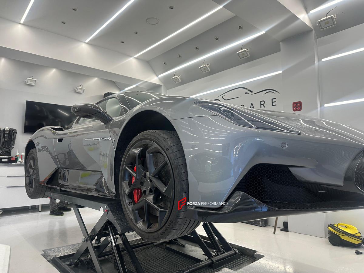 OEM STYLE DRY CARBON BODY KIT for MASERATI MC20 2020+  Set includes: Front Lip Side Skirts Rear Diffuser Rear Vent Trims Side Mirror Covers Shift Paddles Center Dashboard Cover Door Sills Engine Cover