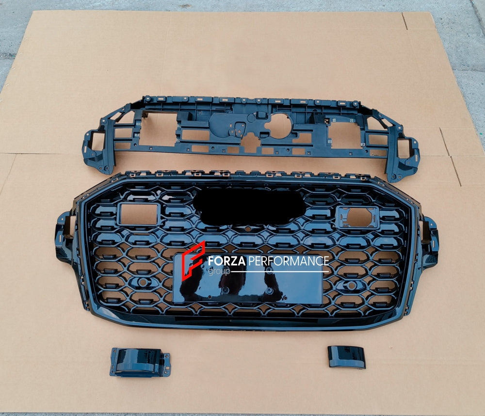 RSQ7 STYLE GLOSSY BLACK FRONT GRILLE and DRY CARBON FRONT LIP for AUDI Q7 4M FACELIFT 2019 - 2024  Set includes:  Front Grille Front Lip