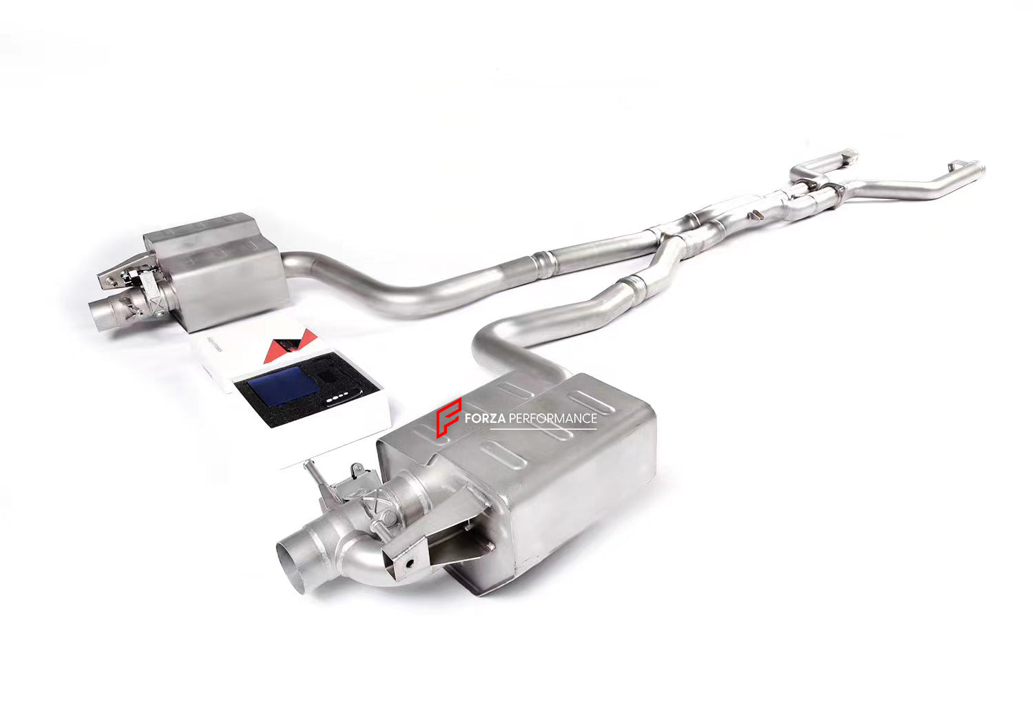 Mercedes Benz AMG W205 C205 C63 2015-2018 (Engine: 4.0T) Aggressive sporty sound VALVED EXHAUST CATBACK MUFFLER Set include: Center pipes Muffles with valves Valve control box with remote control (you may also reuse your factory exhaust valve motors) Factory exhaust tips must be reused Material: Stainless steel