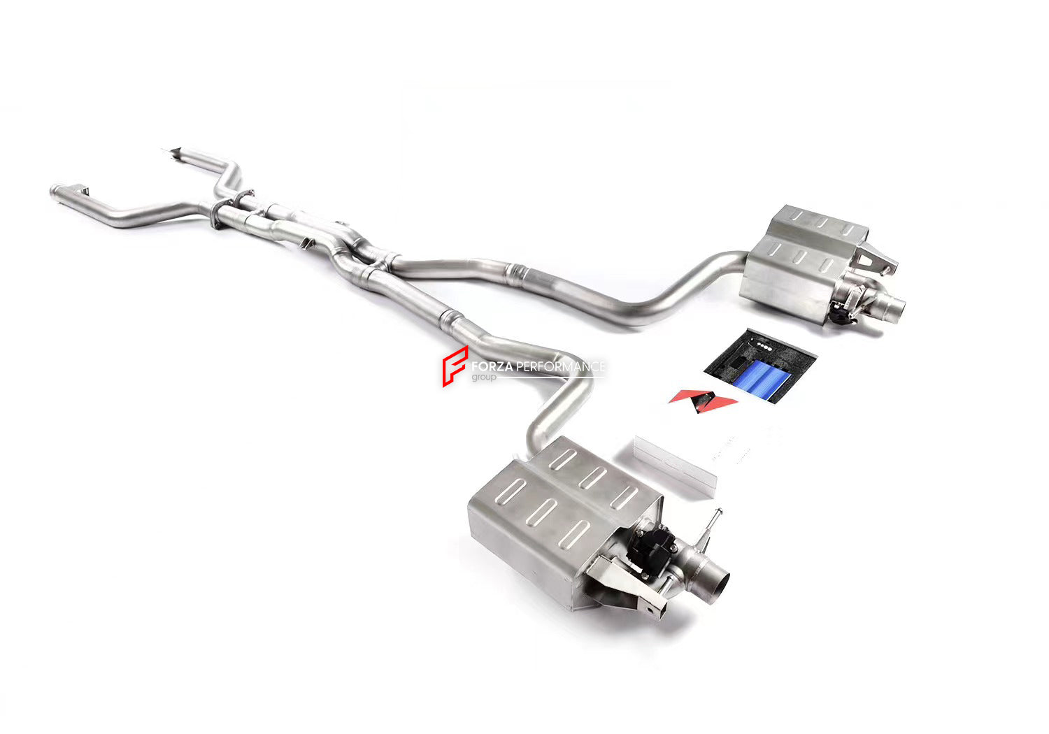 Mercedes Benz AMG W205 C205 C63 2015-2018 (Engine: 4.0T) Aggressive sporty sound VALVED EXHAUST CATBACK MUFFLER Set include: Center pipes Muffles with valves Valve control box with remote control (you may also reuse your factory exhaust valve motors) Factory exhaust tips must be reused Material: Stainless steel