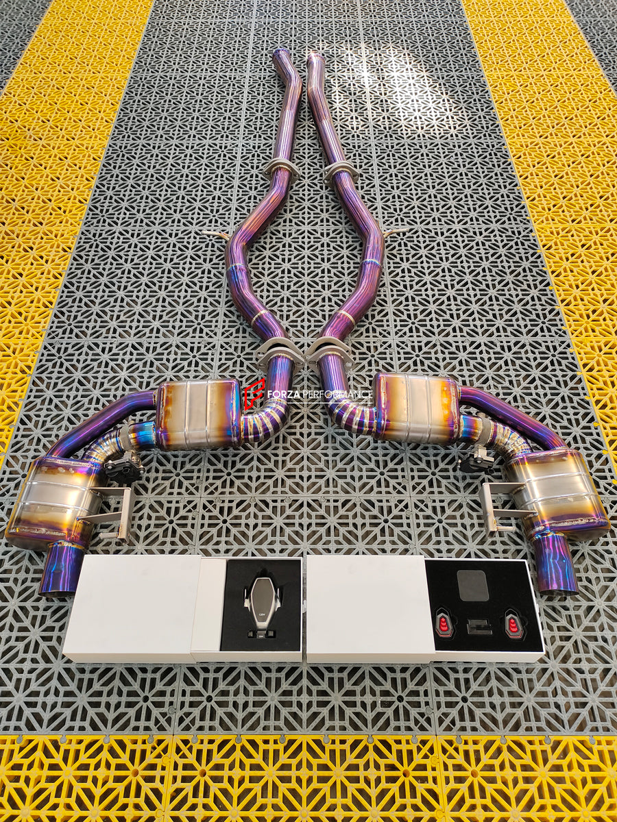 VALVED TITANIUM EXHAUST CATBACK MUFFLER for MERCEDES-BENZ C-CLASS C217 COUPE 5.5T 2015 - 2021  Valved exhaust, meaning that has remote, controlled valves - allowing a switch between an aggressive loud sports sound and a sound that is closer to the OEM sound.  Set includes:  Center Pipes Mufflers with valves Valve control box with remote control (you may also reuse your factory exhaust valve motors) Factory exhaust tips must be reused.