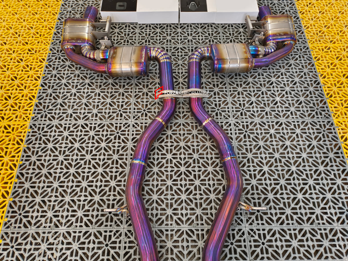 VALVED TITANIUM EXHAUST CATBACK MUFFLER for MERCEDES-BENZ C-CLASS C217 COUPE 5.5T 2015 - 2021  Valved exhaust, meaning that has remote, controlled valves - allowing a switch between an aggressive loud sports sound and a sound that is closer to the OEM sound.  Set includes:  Center Pipes Mufflers with valves Valve control box with remote control (you may also reuse your factory exhaust valve motors) Factory exhaust tips must be reused.