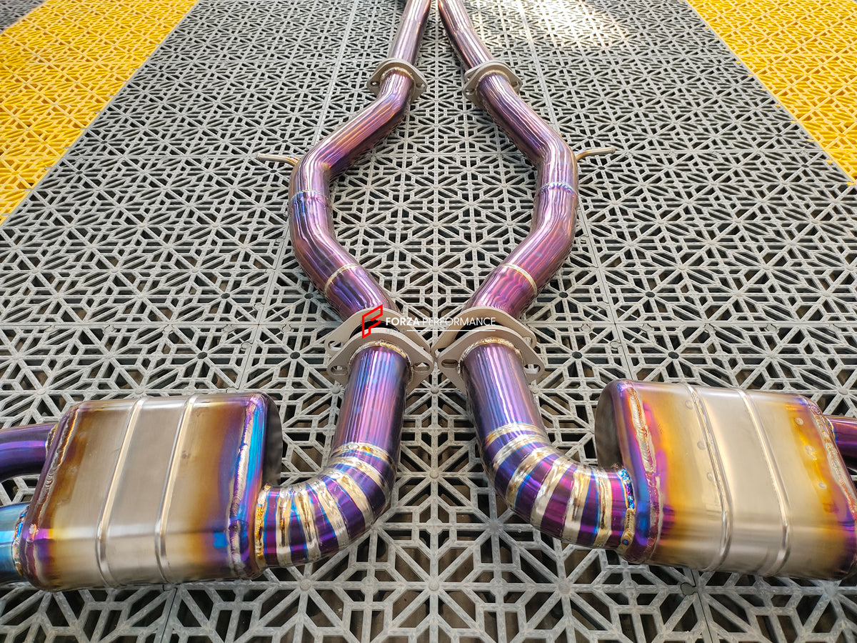 VALVED TITANIUM EXHAUST CATBACK MUFFLER for MERCEDES-BENZ C-CLASS C217 COUPE 5.5T 2015 - 2021  Valved exhaust, meaning that has remote, controlled valves - allowing a switch between an aggressive loud sports sound and a sound that is closer to the OEM sound.  Set includes:  Center Pipes Mufflers with valves Valve control box with remote control (you may also reuse your factory exhaust valve motors) Factory exhaust tips must be reused.