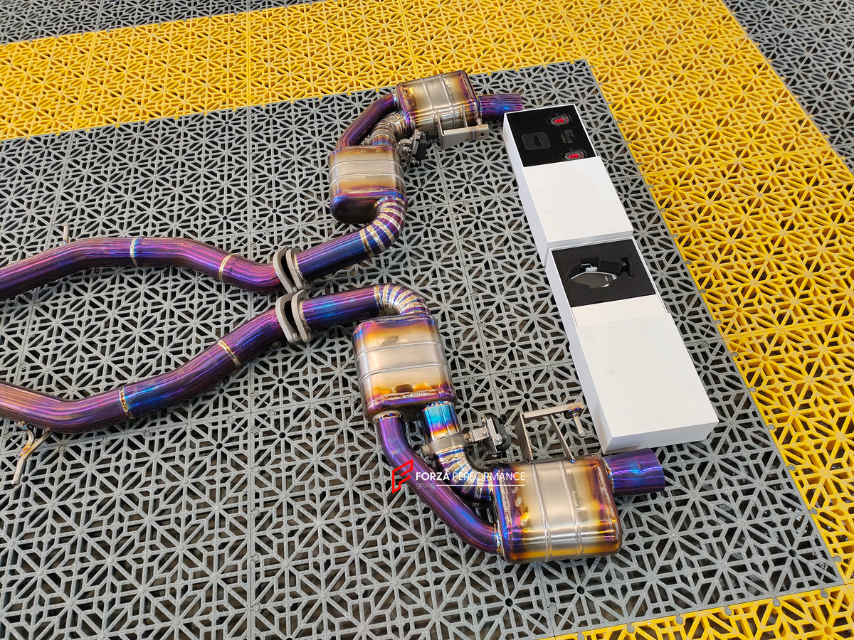 VALVED TITANIUM EXHAUST CATBACK MUFFLER for MERCEDES-BENZ C-CLASS C217 COUPE 5.5T 2015 - 2021  Valved exhaust, meaning that has remote, controlled valves - allowing a switch between an aggressive loud sports sound and a sound that is closer to the OEM sound.  Set includes:  Center Pipes Mufflers with valves Valve control box with remote control (you may also reuse your factory exhaust valve motors) Factory exhaust tips must be reused.