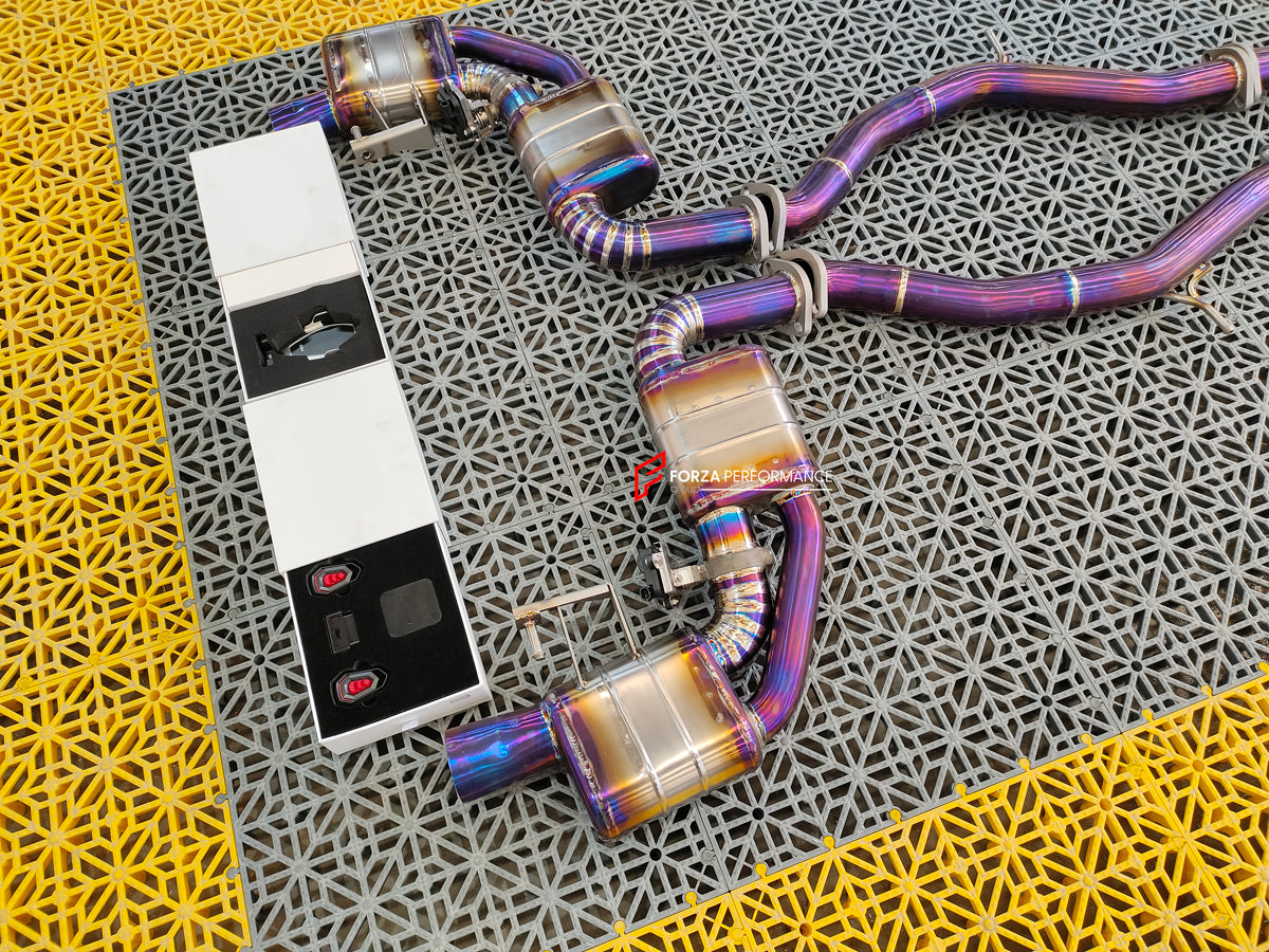 VALVED TITANIUM EXHAUST CATBACK MUFFLER for MERCEDES-BENZ C-CLASS C217 COUPE 5.5T 2015 - 2021  Valved exhaust, meaning that has remote, controlled valves - allowing a switch between an aggressive loud sports sound and a sound that is closer to the OEM sound.  Set includes:  Center Pipes Mufflers with valves Valve control box with remote control (you may also reuse your factory exhaust valve motors) Factory exhaust tips must be reused.