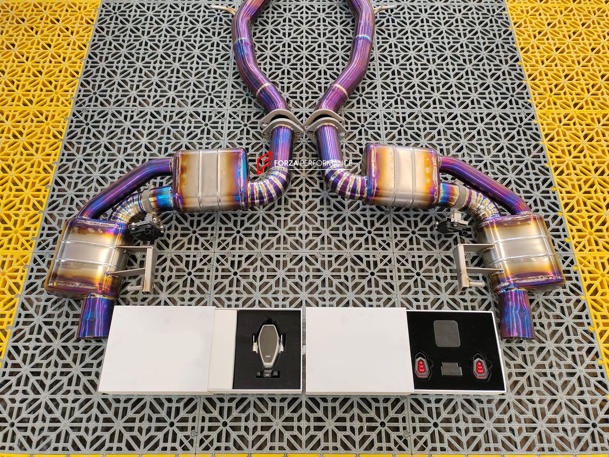 VALVED TITANIUM EXHAUST CATBACK MUFFLER for MERCEDES-BENZ C-CLASS C217 COUPE 5.5T 2015 - 2021  Valved exhaust, meaning that has remote, controlled valves - allowing a switch between an aggressive loud sports sound and a sound that is closer to the OEM sound.  Set includes:  Center Pipes Mufflers with valves Valve control box with remote control (you may also reuse your factory exhaust valve motors) Factory exhaust tips must be reused.