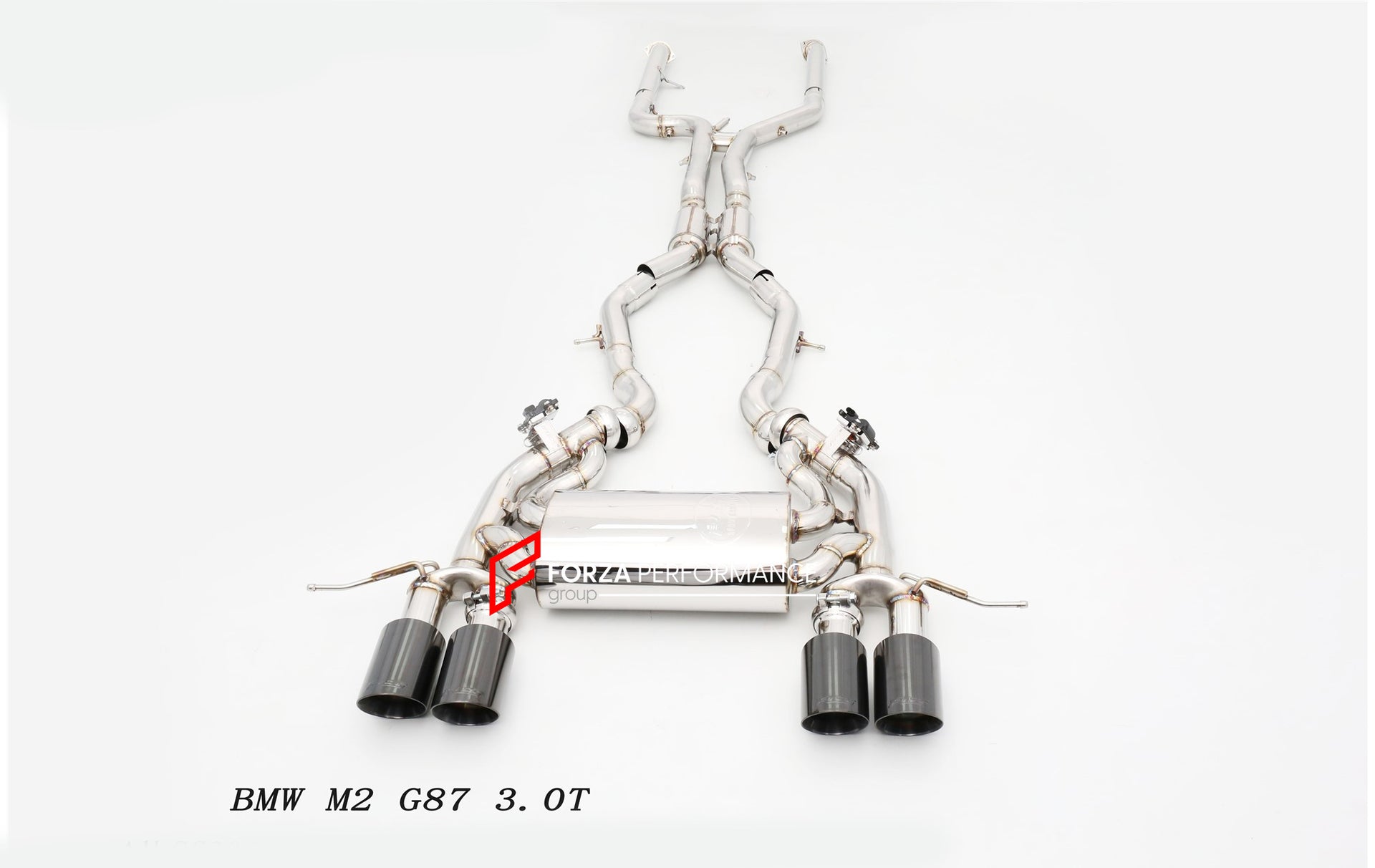 Forza Performance Aggressive sporty sound VALVED EXHAUST CATBACK MUFFLER for BMW M2 G87 3.0T  Valved exhaust, meaning that has remote, controlled valves - allowing a switch between an aggressive loud sports sound and a sound that is closer to the OEM sound  Set includes:  Center Pipes Exhaust tips Muffler with valves Valve control box with remote control (you may also reuse your factory exhaust valve motors