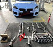 Forza Performance Aggressive sporty sound VALVED EXHAUST CATBACK MUFFLER for BMW M2 G87 3.0T  Valved exhaust, meaning that has remote, controlled valves - allowing a switch between an aggressive loud sports sound and a sound that is closer to the OEM sound  Set includes:  Center Pipes Exhaust tips Muffler with valves Valve control box with remote control (you may also reuse your factory exhaust valve motors