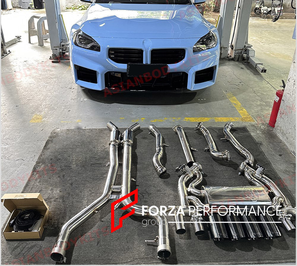 Forza Performance Aggressive sporty sound VALVED EXHAUST CATBACK MUFFLER for BMW M2 G87 3.0T  Valved exhaust, meaning that has remote, controlled valves - allowing a switch between an aggressive loud sports sound and a sound that is closer to the OEM sound  Set includes:  Center Pipes Exhaust tips Muffler with valves Valve control box with remote control (you may also reuse your factory exhaust valve motors