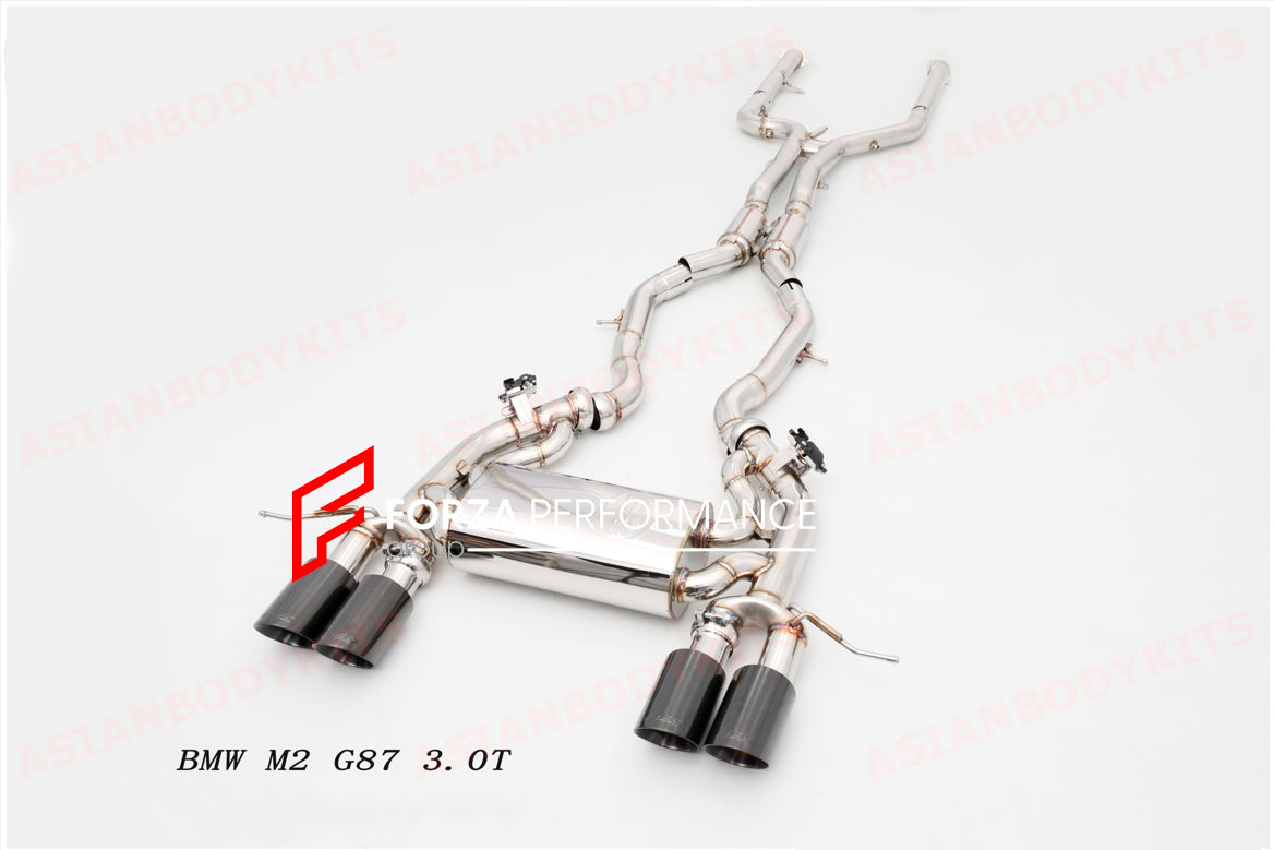 Forza Performance Aggressive sporty sound VALVED EXHAUST CATBACK MUFFLER for BMW M2 G87 3.0T  Valved exhaust, meaning that has remote, controlled valves - allowing a switch between an aggressive loud sports sound and a sound that is closer to the OEM sound  Set includes:  Center Pipes Exhaust tips Muffler with valves Valve control box with remote control (you may also reuse your factory exhaust valve motors