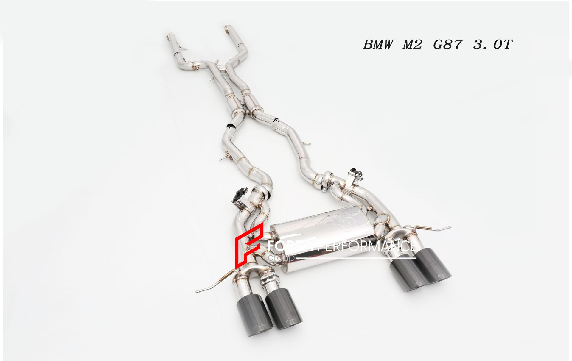 Forza Performance Aggressive sporty sound VALVED EXHAUST CATBACK MUFFLER for BMW M2 G87 3.0T  Valved exhaust, meaning that has remote, controlled valves - allowing a switch between an aggressive loud sports sound and a sound that is closer to the OEM sound  Set includes:  Center Pipes Exhaust tips Muffler with valves Valve control box with remote control (you may also reuse your factory exhaust valve motors