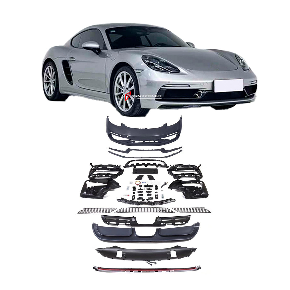 CONVERSION UPGRADE BODY KIT for PORSCHE 718 982 CAYMAN BOXSTER upgrade to GTS
Set includes:
Front Bumper Assembly
LED Tail Light Strip
Rear Diffuser
Material: Plastic
NOTE: Professional installation is required. Factory LED DRL must be reused
CONTACT US FOR PRICING