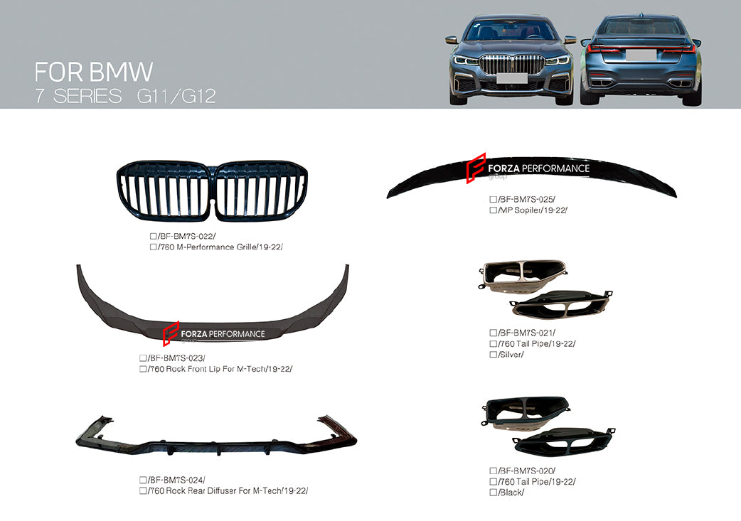 Aftermarket body kit for BMW 7-Series G12 2019+ M-Package
Set includes:
Front lip
Front Grille
Rear diffuser
Rear wing spoiler
Tail Pipes
Material: Plastic
Finish: Gloss black pained. But please consider it as unpainted, we do not guarantee perfect paint quality. Also don't guarantee if paint has wear or scratch during shipping. Consider finish as unpainted
Note: Professional installation is required
Installation note: Fits only with factory M-Package
Payment ►
Visa
Mastercard
PayPal with a cred