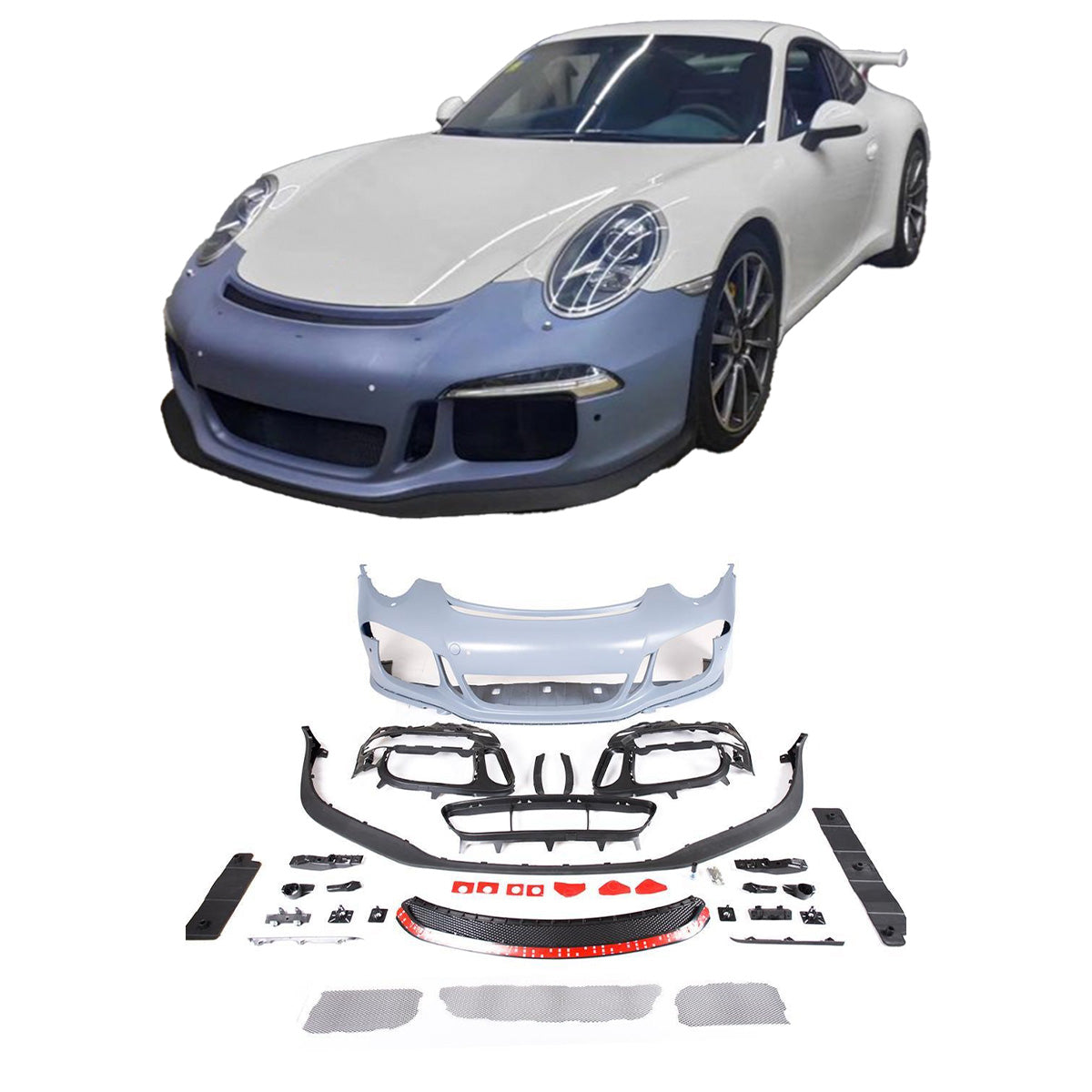 CONVERSION UPGRADE FRONT BUMPER KIT for PORSCHE 911 991.1 2011 - 2017 upgrade to GT3
Set includes:
Front Bumper Assembly
Material: Plastic
NOTE: Professional installation is required. Factory LED DRL must be reused
CONTACT US FOR PRICING