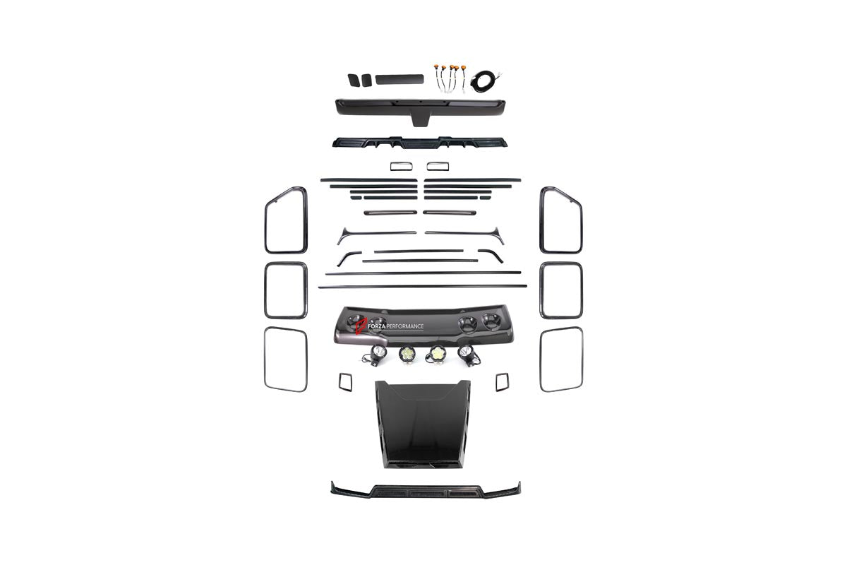 DRY CARBON BODY KIT for MERCEDES BENZ G CLASS G500 G450D W465 2024+
Set includes:
Front Lip
Front Bumper Covers
Turning Light Frame Cover
Hood Scoop
Roof Light Bar
Roof Trim
A-Pllar Cover
Window Frame Covers
Side Molding Trims
Roof Spoiler
D-Pillar Add-Ons
Rear Fender Flare
Rear Trunk Cover
Rear Bumper Covers
Rear Diffuser
Material: Dry Carbon Fiber