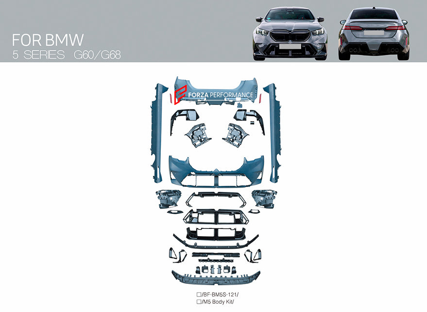 CONVERSION BODY KIT for BMW 5 SERIES G60 G68 2023+ UPGRADE to M5 G90 G99 F95 2024+
 M5 body kit includes:
Front Bumper
Front Grille
Side Skirts
Rear Diffuser
Material: Plastic
Note: Professional installation is required.
Each part can be sent separately. If you need a specific part, please contact us.
Please let us know what product are you interested in exactly.
Contact us for pricing.
Payment ►
Visa
Mastercard
PayPal with a credit card (add 4.4% at checkout)
Payoneer
Cryptocurrency
Shipme