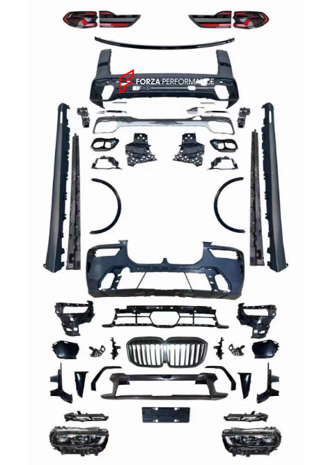 CONVERSION BODY KIT for BMW X7 G07 2018 to BMW X7 G07 LCI 2023
Set includes:
Front Bumper Assembly
Grille
Headlights
Side Skirts
Rear Bumper Assembly
Rear Tail Lights
Material: Plastic
NOTE: Professional installation is required