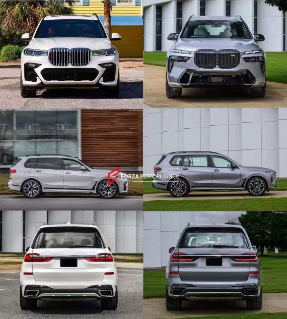 CONVERSION BODY KIT for BMW X7 G07 2018 to BMW X7 G07 LCI 2023
Set includes:
Front Bumper Assembly
Grille
Headlights
Side Skirts
Rear Bumper Assembly
Rear Tail Lights
Material: Plastic
NOTE: Professional installation is required