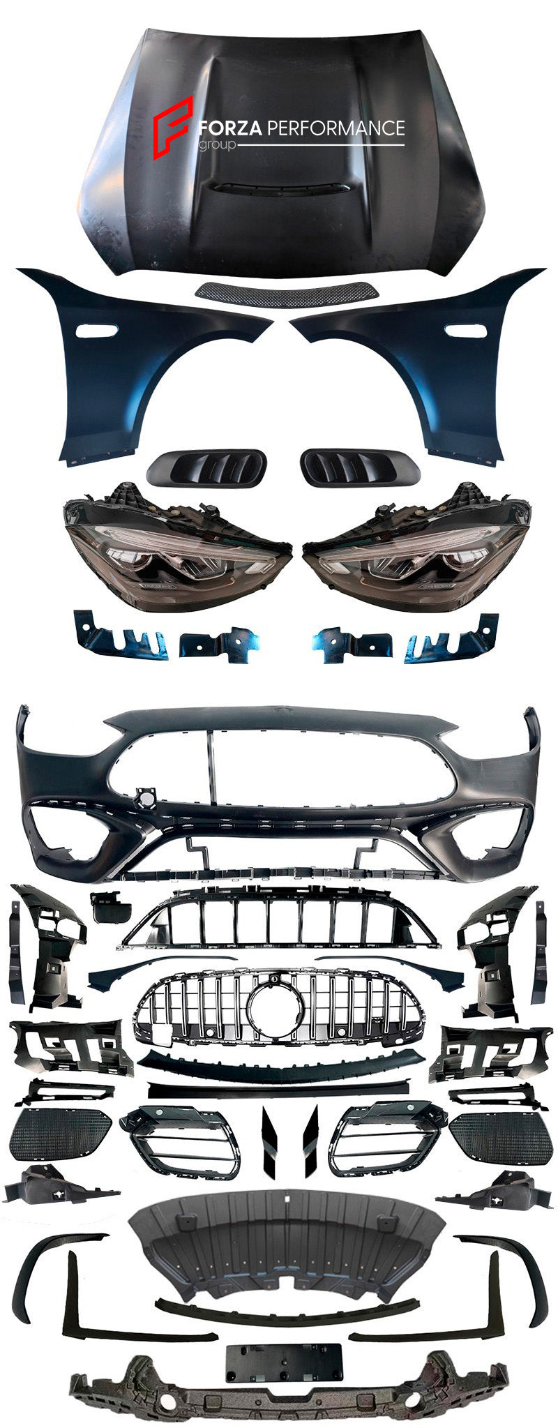 CONVERSION BODY KIT for MERCEDES BENZ C-CLASS W205 2015 - 2021 UPGRADE to W206 C63 AMG 2022+ FACELIFT
Set includes:
Front Bumper Assembly
Head Lights
Front Grille
Hood Bonnet
Front Fenders
Rear Trunk
Tail Lights
Exhaust Tips
Rear Bumper Assembly
Material: Plastic
NOTE: Professional installation is required.