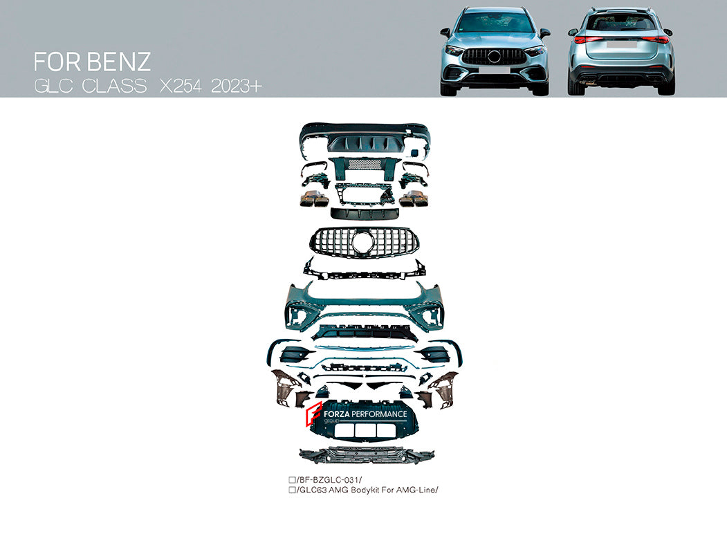 CONVERSION BODY KIT for MERCEDES BENZ GLC CLASS X254 AMG LINE UPGRADE to AMG X254 GLC63 2023+
Set includes:
Front Bumper
Front Grille
Rear Diffuser
Exhaust Tips
Material: Plastic
Note: Professional installation is required.
* Each part of this kit can be sent separately. Please contact us if you need a specific part.
Payment ►
Visa
Mastercard
PayPal with a credit card (add 4.4% at checkout)
Payoneer
Cryptocurrency
Shipment ►
By express DHL/UPS/TNT/FedEx
To the local international airport
Special