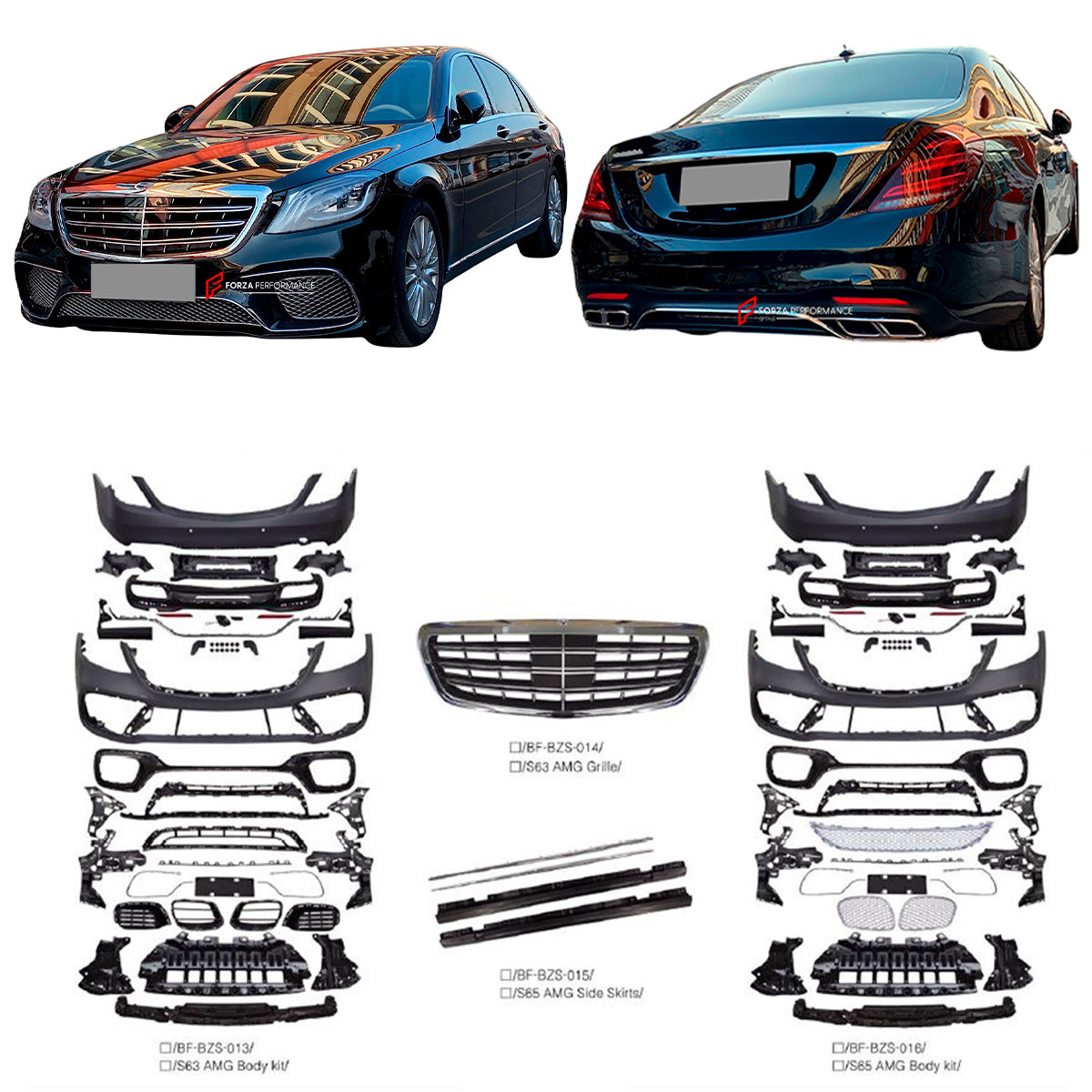 CONVERSION BODY KIT for MERCEDES BENZ S CLASS W222 2014 - 2020 UPGRADE to AMG S CLASS S63 S65 FACELIFT 2017 - 2020
Set includes:
AMG Front Bumper
AMG Rear Bumper
AMG Side Skirts
AMG Front Grille
NOTE: Professional installation is required