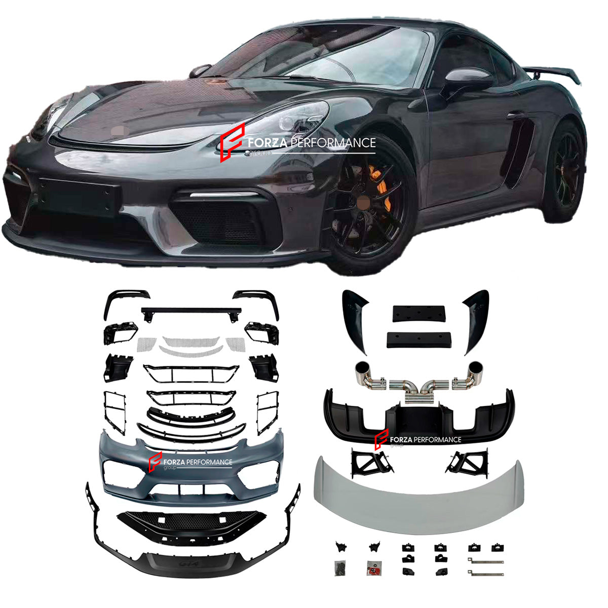 CONVERSION BODY KIT for PORSCHE 718 981 CAYMAN BOXSTER UPGRADE to GT4 2016+
Set includes:
Front Lip
Front Bumper
Front Fenders
Front Vent Covers
Hood / Bonnet
Rear Spoiler
Rear Bumper
Rear Fenders
Rear Diffuser
Exhaust System
Material: Carbon + Plastic