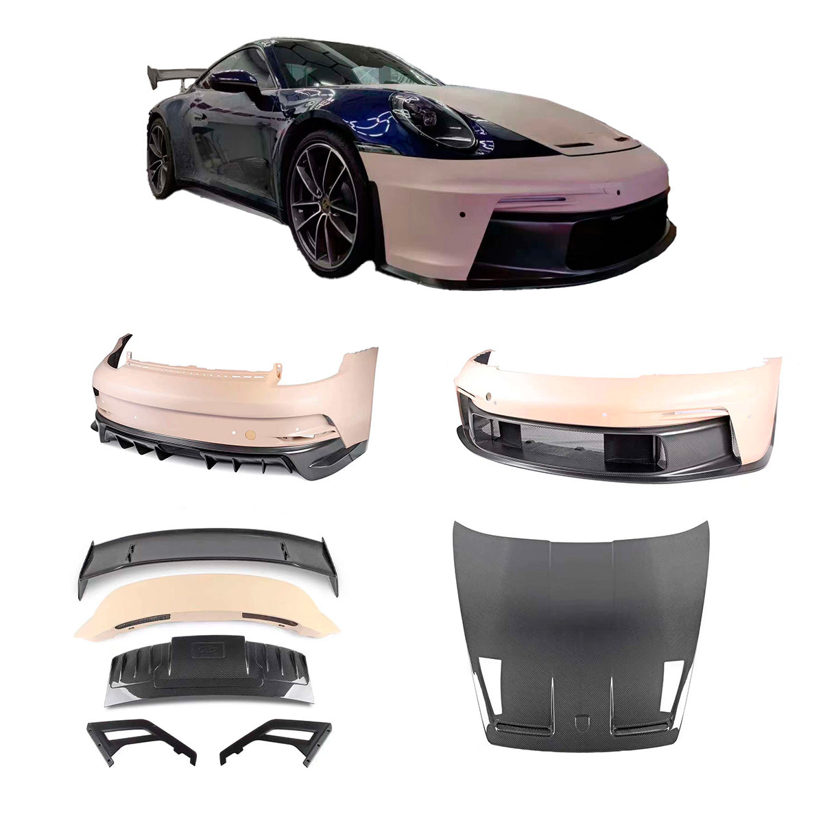 CONVERSION UPGRADE BODY KIT for PORSCHE 911 992.1 2019 - 2025 upgrade to GT3
Set includes:
Front Bumper
Hood / Bonnet
Rear Spoiler
Engine Lid
Rear Bumper
Rear Diffuser