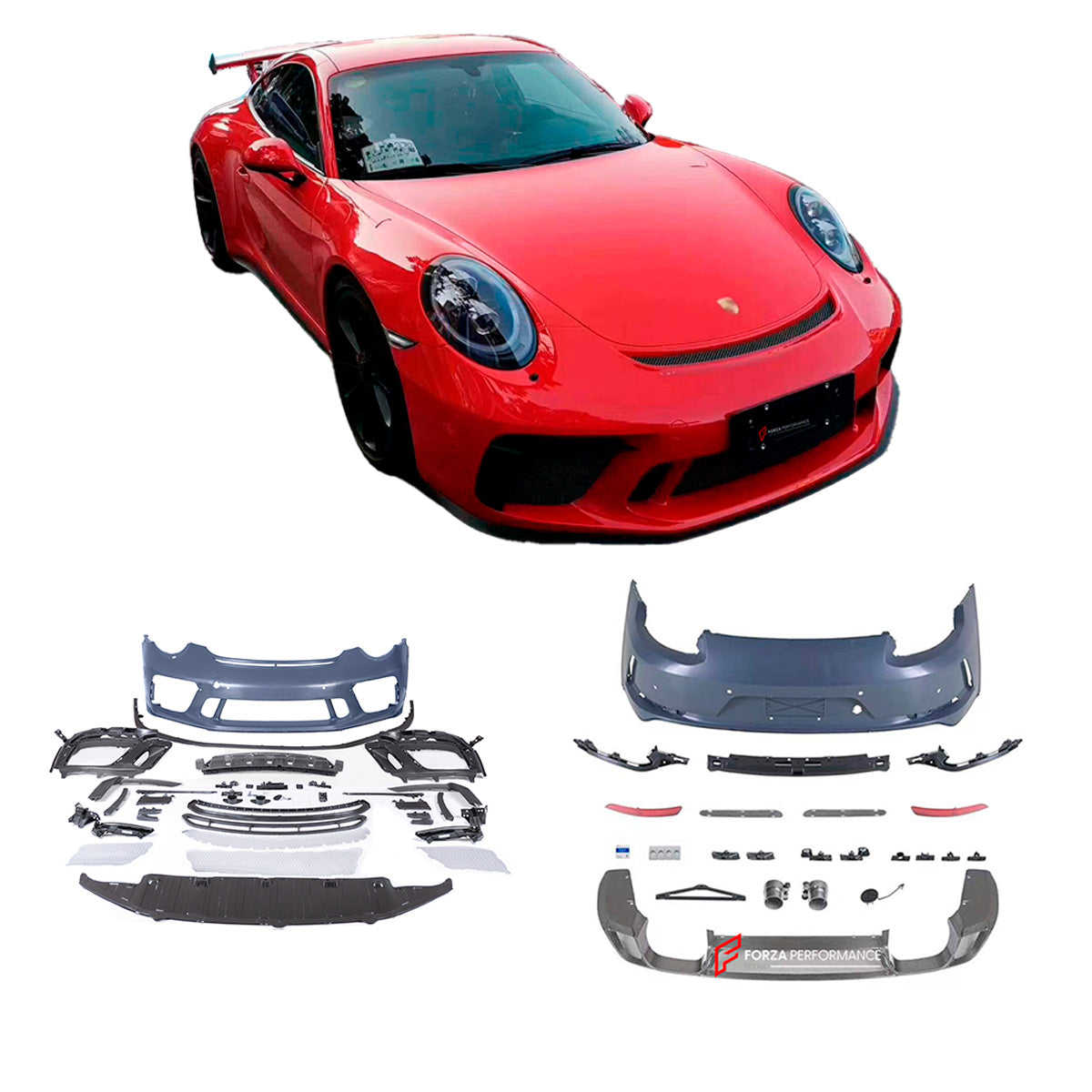 CONVERSION UPGRADE BODY KIT for PORSCHE 911 CARRERA 991.1 2011 - 2017 to 991.2 GT3
Set includes:
Front Bumper Assembly 
Rear Bumper Assembly
Rear Diffuser
Material: Plastic
NOTE: Professional installation is required. Factory LED DRL must be reused
CONTACT US FOR PRICING
