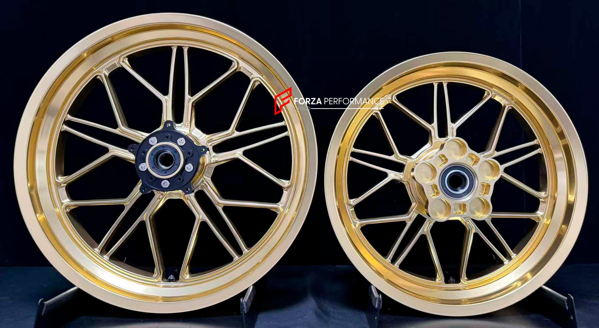 We manufacture premium quality forged motorcycle wheels rims for HONDA FORZA 750 in any design, size, color.
Wheel sizes (motorcycle spec):
Front: 3.5 x 17
Rear: 4.5 x 15
Weight:
Front: 5.31 kg (11,70 lbs)
Rear: 4.96 kg (10,93 lbs)
Finishing: Gloss Gold
