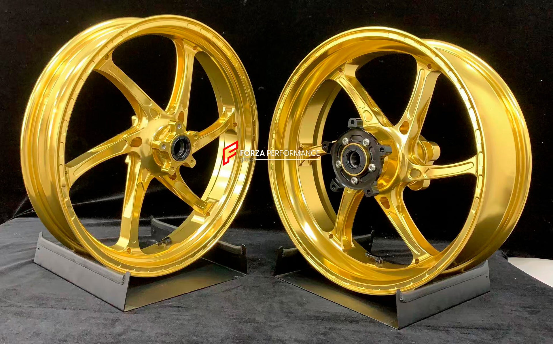 We manufacture premium quality forged motorcycle wheels rims for KTM 790 890 in any design, size, color.
Wheel sizes (motorcycle spec):
Front: 3.5 x 17
Rear: 5.5 x 17
Weight:
Front: 3.25 kg (7.16 lbs)
Rear: 4.65 kg (10.25 lbs)
Finishing: Gloss Gold
Forza Performance Group engineers and manufactures each forged motorcycle wheel individually per order. This ensures precise fitment, uncompromised strength, and unique styling. Whether for racing, touring, or daily use — our wheels are built for both pe