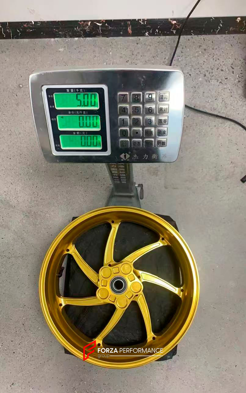 We manufacture premium quality forged motorcycle wheels rims for KAWASAKI ZX10R ZX10RR in any design, size, color.
Wheel sizes (motorcycle spec):
Front: 3.5 x 17
Rear: 6 x 17
Weight:
Front: 4.2 kg (19.26 lbs)
Rear: 5 kg (11.02 lbs)
Finishing: Satin Gold
Forza Performance Group engineers and manufactures each forged motorcycle wheel individually per order. This ensures precise fitment, uncompromised strength, and unique styling. Whether for racing, touring, or daily use — our wheels are built for bo