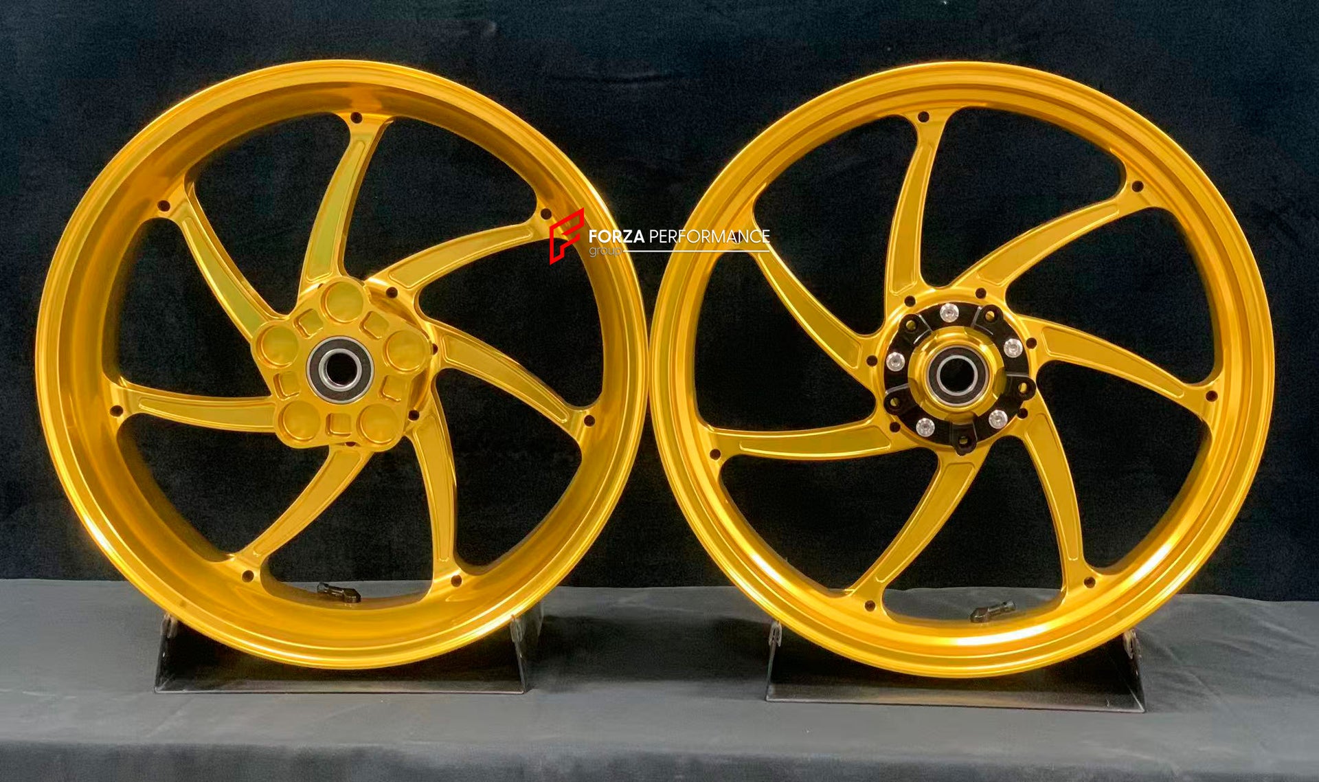 We manufacture premium quality forged motorcycle wheels rims for KAWASAKI ZX10R ZX10RR in any design, size, color.
Wheel sizes (motorcycle spec):
Front: 3.5 x 17
Rear: 6 x 17
Weight:
Front: 4.2 kg (19.26 lbs)
Rear: 5 kg (11.02 lbs)
Finishing: Satin Gold
Forza Performance Group engineers and manufactures each forged motorcycle wheel individually per order. This ensures precise fitment, uncompromised strength, and unique styling. Whether for racing, touring, or daily use — our wheels are built for bo