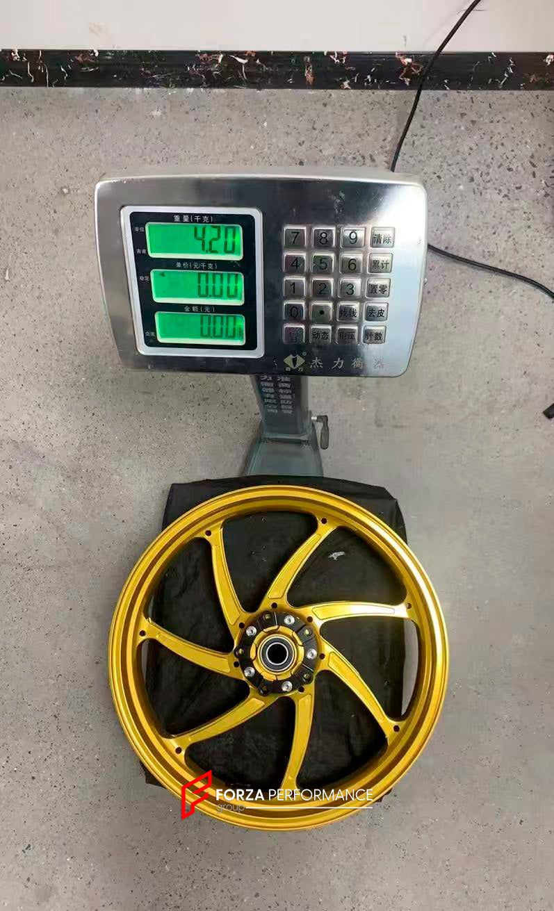 We manufacture premium quality forged motorcycle wheels rims for KAWASAKI ZX10R ZX10RR in any design, size, color.
Wheel sizes (motorcycle spec):
Front: 3.5 x 17
Rear: 6 x 17
Weight:
Front: 4.2 kg (19.26 lbs)
Rear: 5 kg (11.02 lbs)
Finishing: Satin Gold
Forza Performance Group engineers and manufactures each forged motorcycle wheel individually per order. This ensures precise fitment, uncompromised strength, and unique styling. Whether for racing, touring, or daily use — our wheels are built for bo
