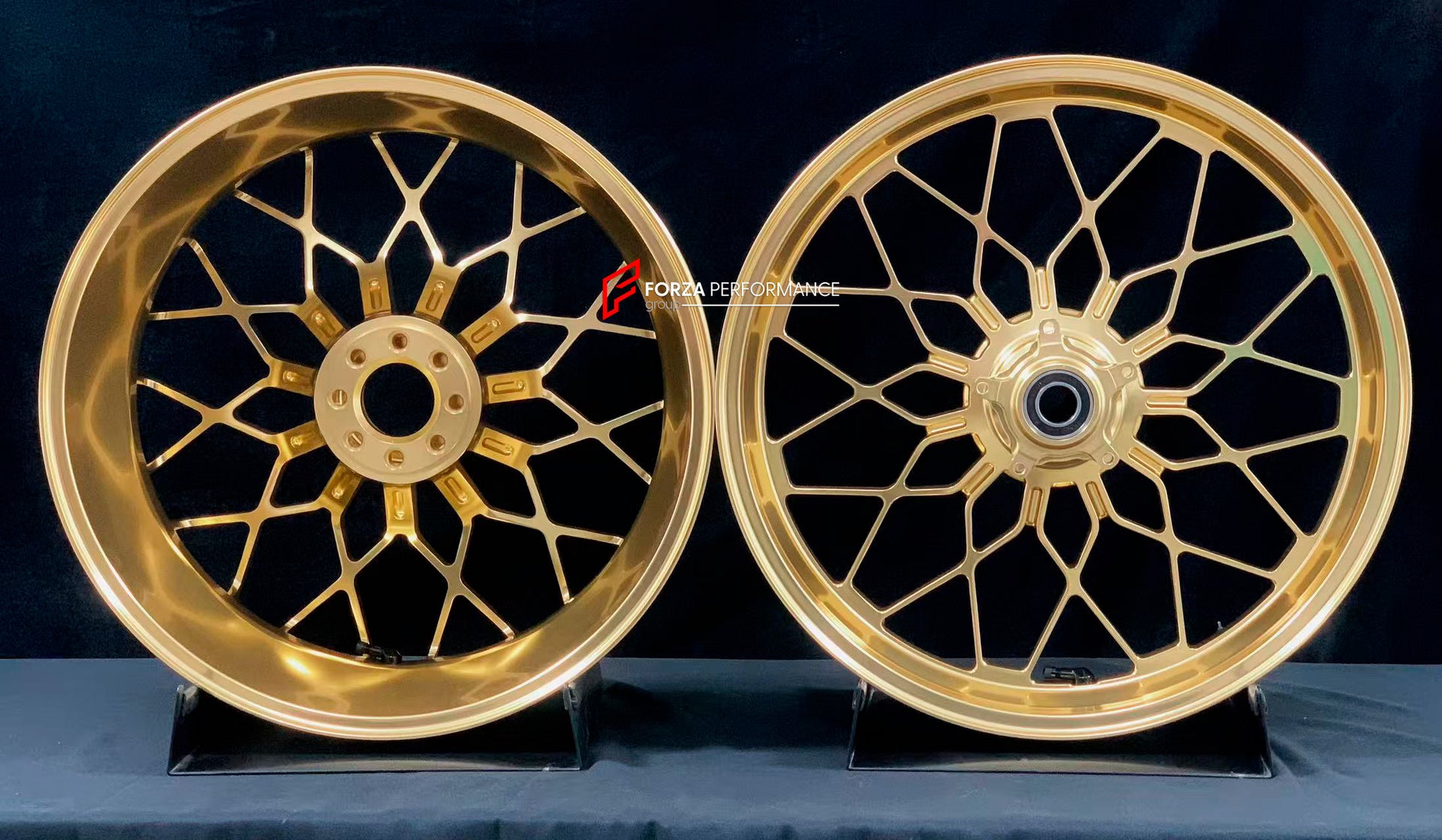 We manufacture premium quality forged motorcycle wheels rims for MV AGUSTA in any design, size, color.
Wheel sizes (motorcycle spec):
Front: 3.5 x 17
Rear: 5.5 x 17
Weight:
Front: 4.15 kg (9.15 lbs)
Rear: 4.85 kg (10.69 lbs)
Finishing: Satin Gold
Forza Performance Group engineers and manufactures each forged motorcycle wheel individually per order. This ensures precise fitment, uncompromised strength, and unique styling. Whether for racing, touring, or daily use — our wheels are built for both perf