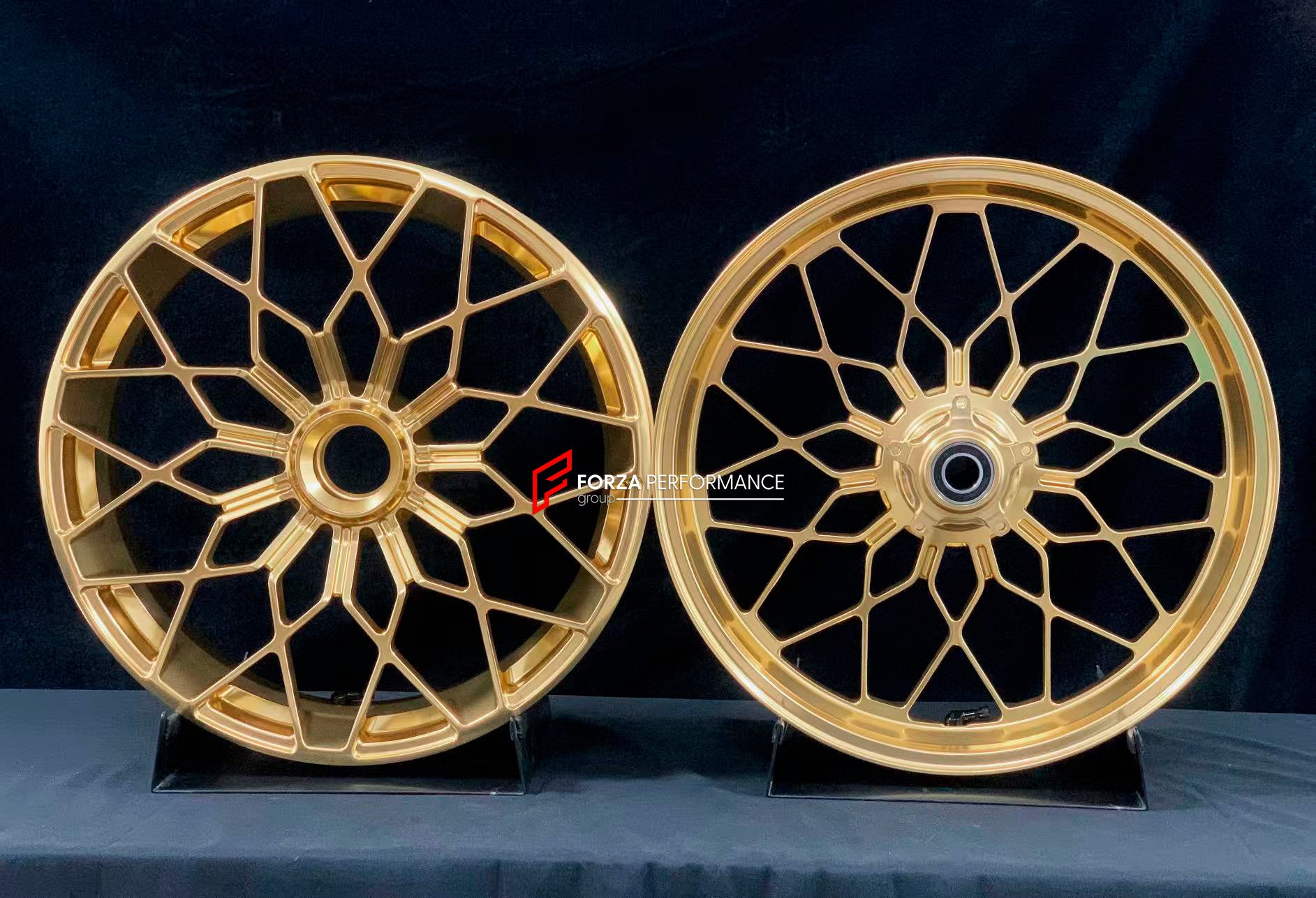 We manufacture premium quality forged motorcycle wheels rims for MV AGUSTA in any design, size, color.
Wheel sizes (motorcycle spec):
Front: 3.5 x 17
Rear: 5.5 x 17
Weight:
Front: 4.15 kg (9.15 lbs)
Rear: 4.85 kg (10.69 lbs)
Finishing: Satin Gold
Forza Performance Group engineers and manufactures each forged motorcycle wheel individually per order. This ensures precise fitment, uncompromised strength, and unique styling. Whether for racing, touring, or daily use — our wheels are built for both perf