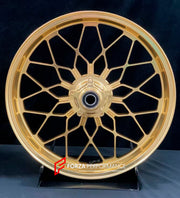 We manufacture premium quality forged motorcycle wheels rims for MV AGUSTA in any design, size, color.
Wheel sizes (motorcycle spec):
Front: 3.5 x 17
Rear: 5.5 x 17
Weight:
Front: 4.15 kg (9.15 lbs)
Rear: 4.85 kg (10.69 lbs)
Finishing: Satin Gold
Forza Performance Group engineers and manufactures each forged motorcycle wheel individually per order. This ensures precise fitment, uncompromised strength, and unique styling. Whether for racing, touring, or daily use — our wheels are built for both perf